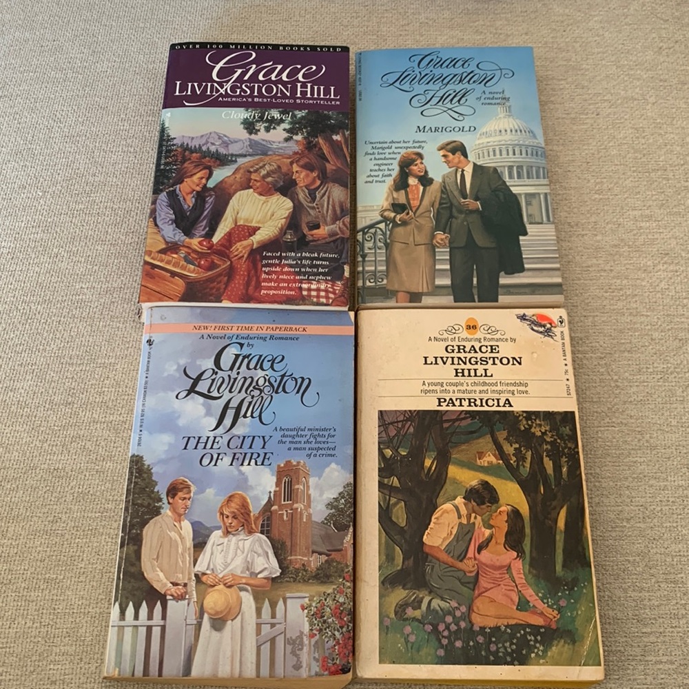 4 Grace Livingston Hill paperback books Cloudy Jewel, Marigold, City of Fire etc